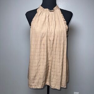 Almost Pink Tan Ruffle Halter Neck Textured Grid Blouse Top Womens S